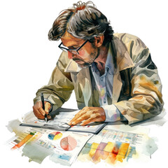 Watercolor Analyst, Man analyzing charts in watercolor style, Creative Data Interpretation on a transparent background. Generative AI