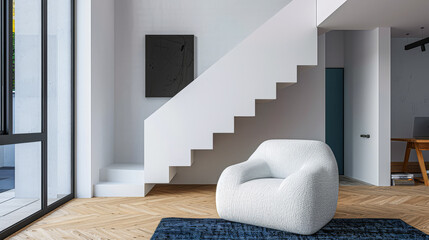Fototapeta premium Minimalist living room interiors with contemporary furniture, bold contrasting colors and natural window lighting. Modern interior design composition.