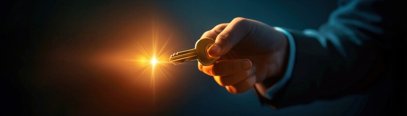 businessman holds a key with a bright light flare in the background, success and opportunity business concept.