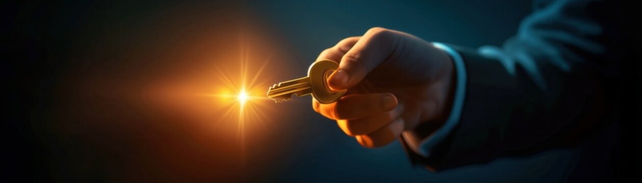 businessman holds a key with a bright light flare in the background, success and opportunity business concept.