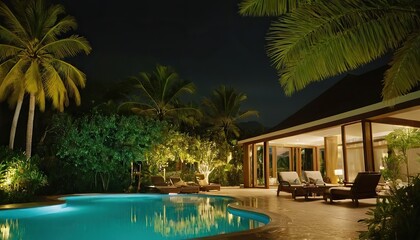 Fototapeta premium Night View Of Villa Resort With Swimming Pool