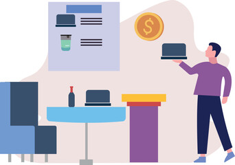 The boy is serving food in the hotel.