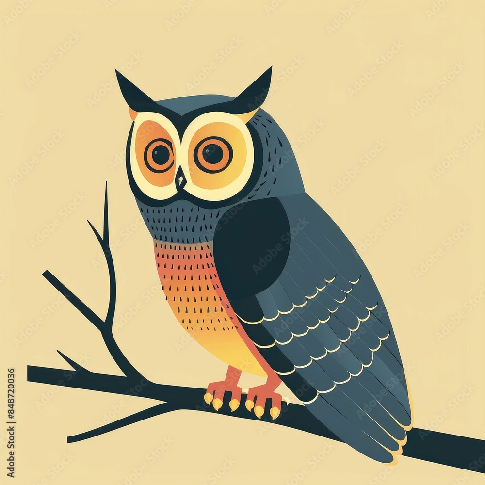 Aufkleber flat of an owl perched on a tree branch with a simple minimalist design featuring bold lines geometr