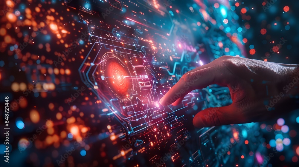 Aufkleber futuristic interactive hologram users manipulating digital objects in 3d space