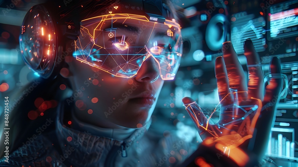 Poster futuristic virtual holographic interface showcasing 3d digital object manipulation