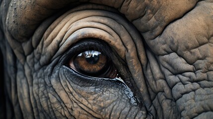 Photograph of an elephant's face in extreme close-up, revealing the intricate texture of its skin, eyelashes, and soulful eyes, set against a stark white background