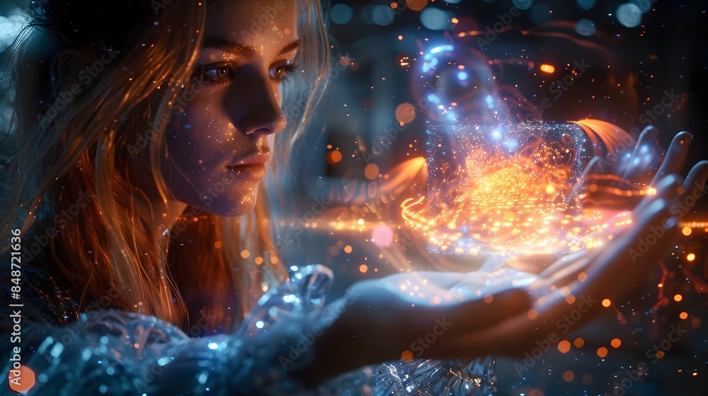 Poster futuristic holographic augmented reality display with mesmerizing glowing lights and digital element