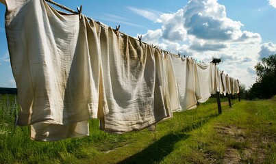 A line of white clothes hanging on a clothesline.