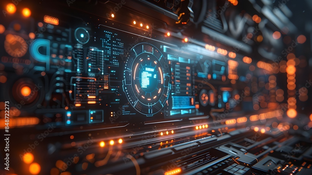 Poster futuristic virtual security interface with holographic digital art elements