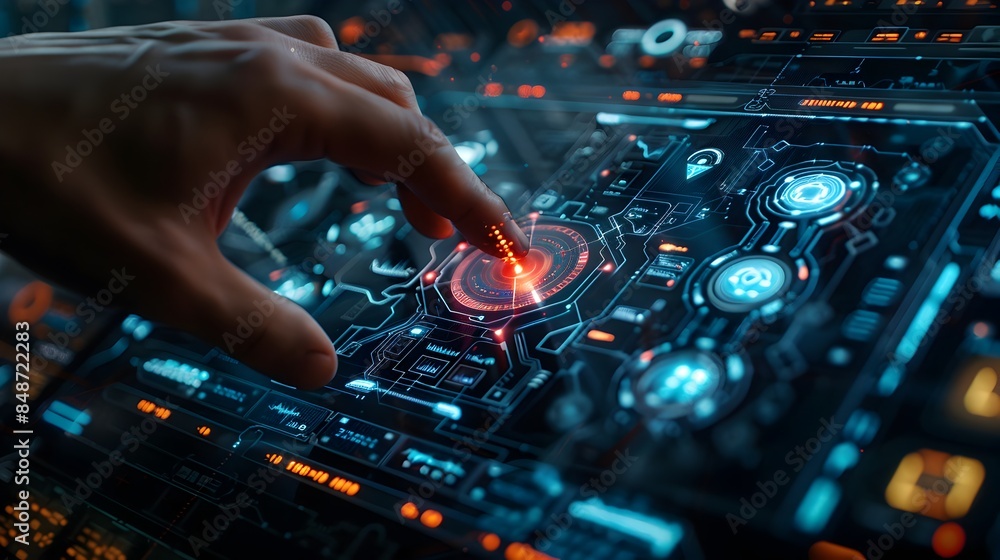 Poster futuristic digital security control panel with virtual buttons and protective icons