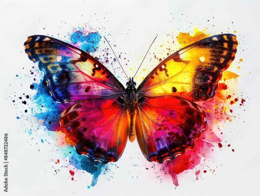 Poster monochrome butterfly with colorful wings exploding in hues of red blue and yellow isolated against a