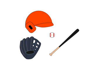 野球　オレンジヘルメットとボールとバット、グローブのイラスト