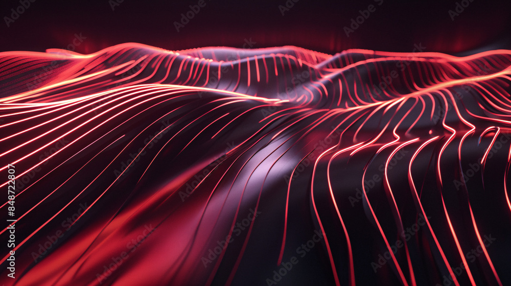 Poster digital wallpaper, abstract red wave-like patterns on dark background, dynamic design with sense of 