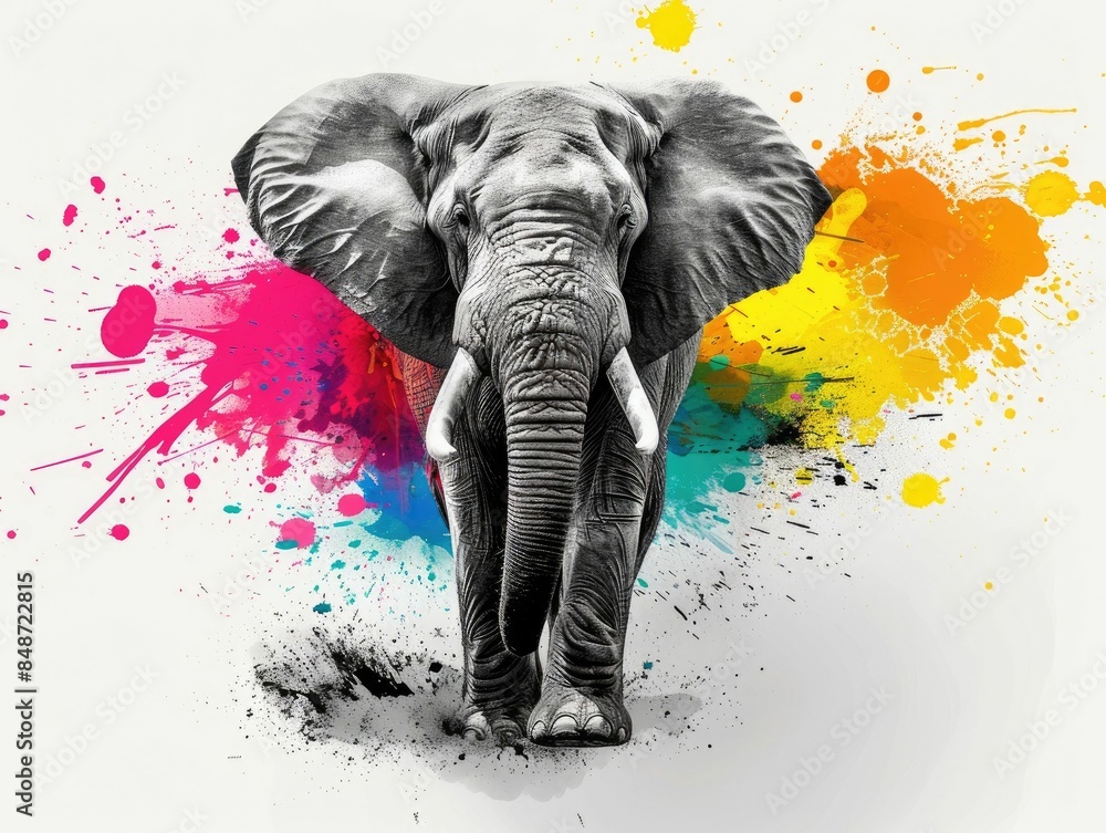 Poster majestic grayscale elephant with a powerful and captivating burst of vivid abstract colors radiating