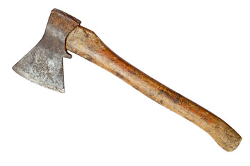 An old axe isolated on a white background. An axe of a classic shape with a wooden handle.