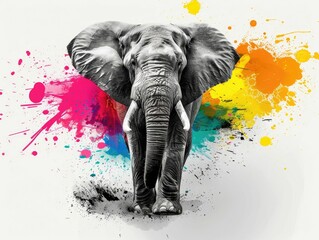 Majestic grayscale elephant with a powerful and captivating burst of vivid  abstract colors radiating from its trunk  set against a clean white background  showcasing a striking