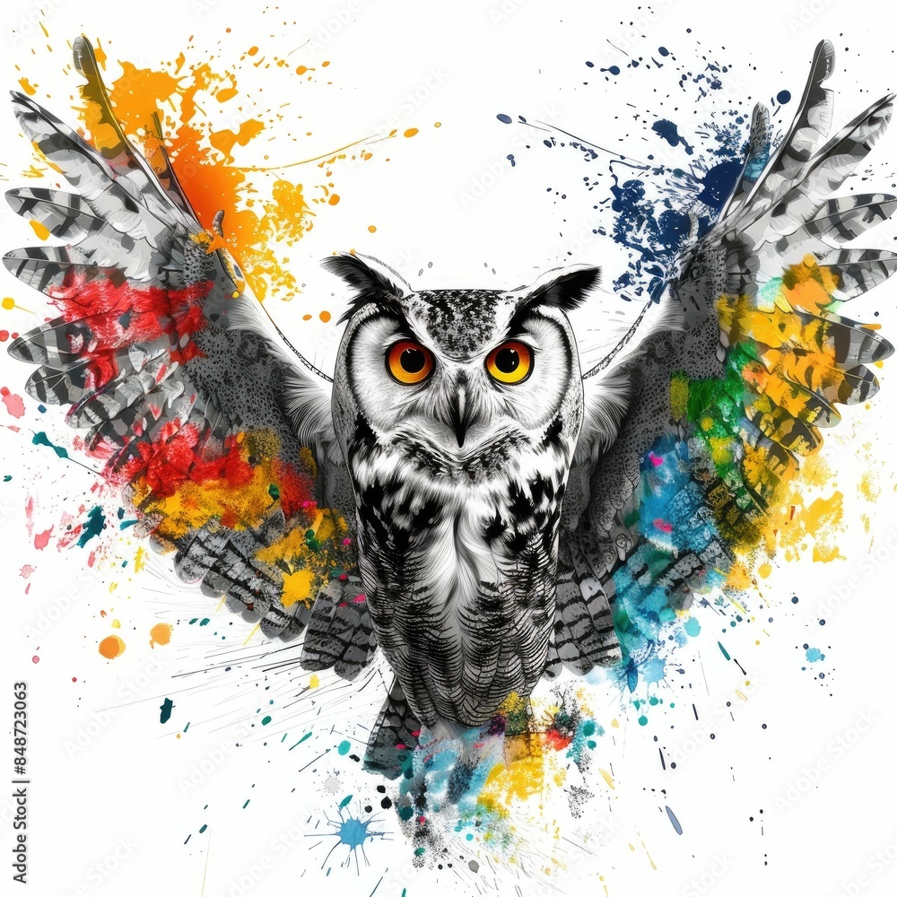 Poster majestic black and white owl with its wings spreading a colorful explosion in an digital design the 
