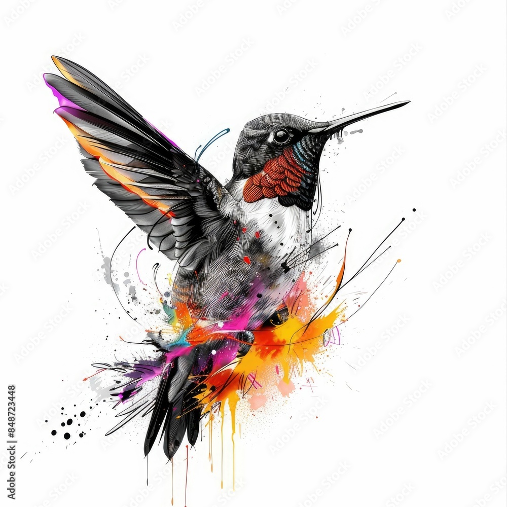 Poster explosive hummingbird a visually striking and imaginative digital depicting a black and white hummin