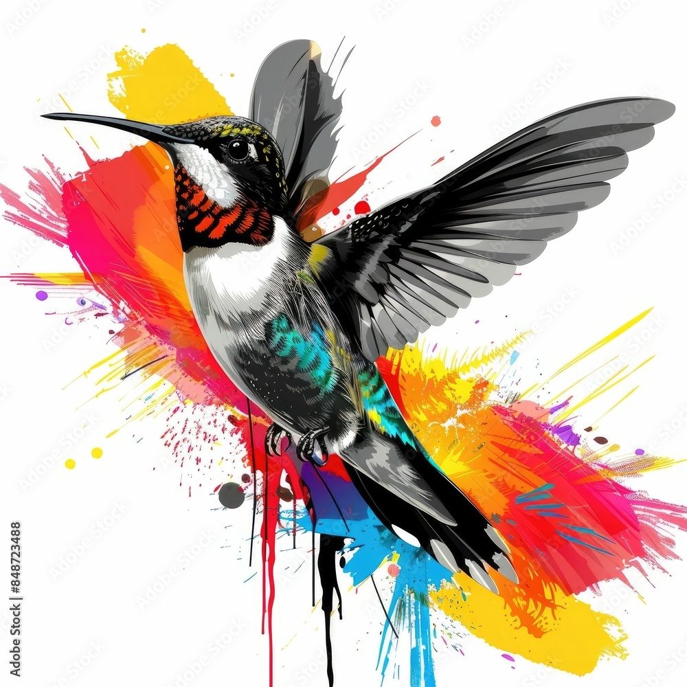 Poster stunning digital of a black and white hummingbird with its wings outstretched trailing a vibrant col