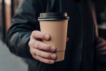 man holding paper coffee cup outdoors with space for a text