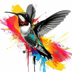 Obraz premium Stunning digital of a black and white hummingbird with its wings outstretched trailing a vibrant colorful explosion of paint splatters and dynamic energy behind it