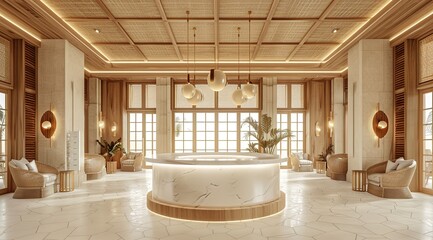 Luxury hotel lobby reception area with white marble counter and modern architecture, elegant lighting and decorative elements. Sophisticated interior design concept.