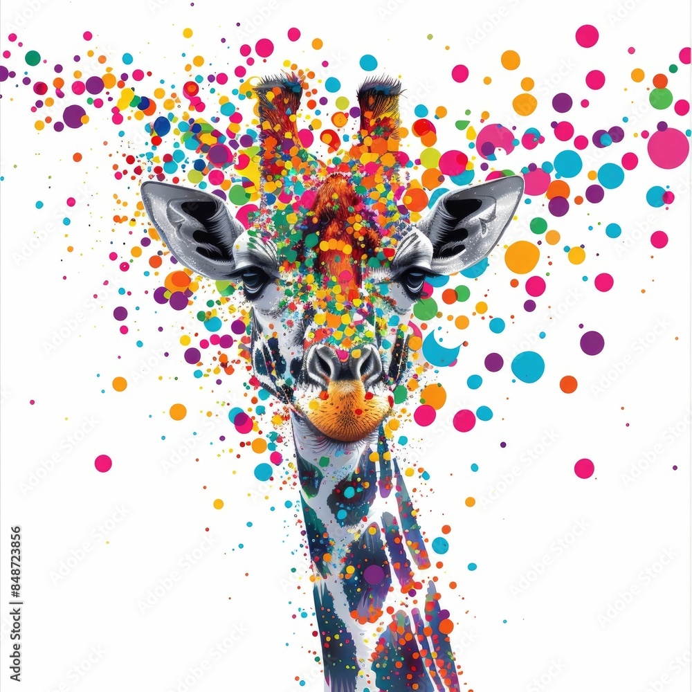Poster monochrome giraffe with colorful spots exploding in vibrant hues isolated on a clean white backgroun
