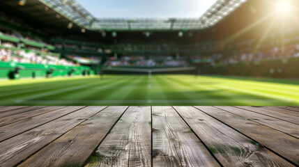 a blank product display table top with tennis stadium blurred background