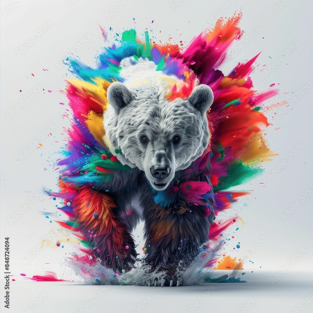 Poster powerful black and white bear is enveloped in a vibrant dynamic color explosion creating a striking 