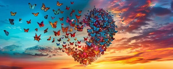 A broken heart transforming into a swarm of butterflies, flying away into a sunset sky, vibrant colors, whimsical, photorealistic