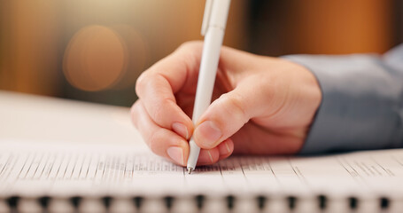 Paper, signature and hand of person with pen for life insurance, bank loan and financial...
