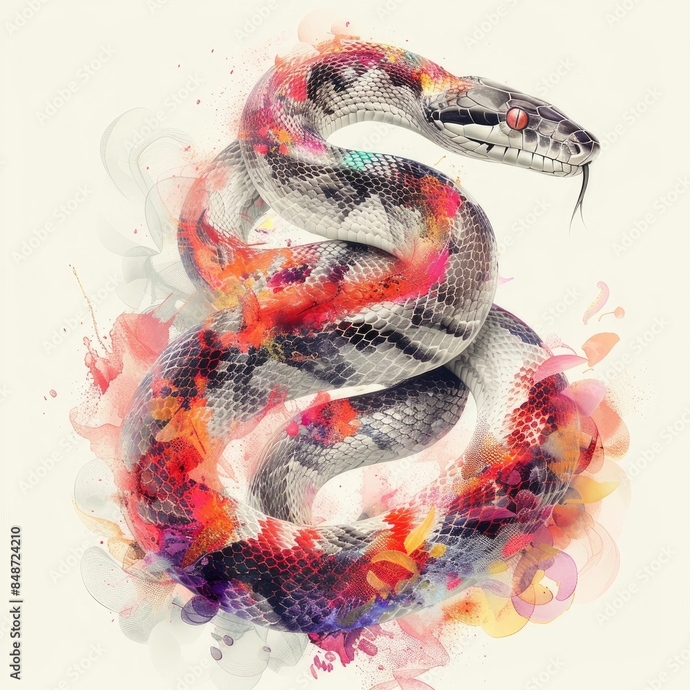 Poster vibrant colorful explosion of monochrome snake scales isolated on white background abstract dynamic 