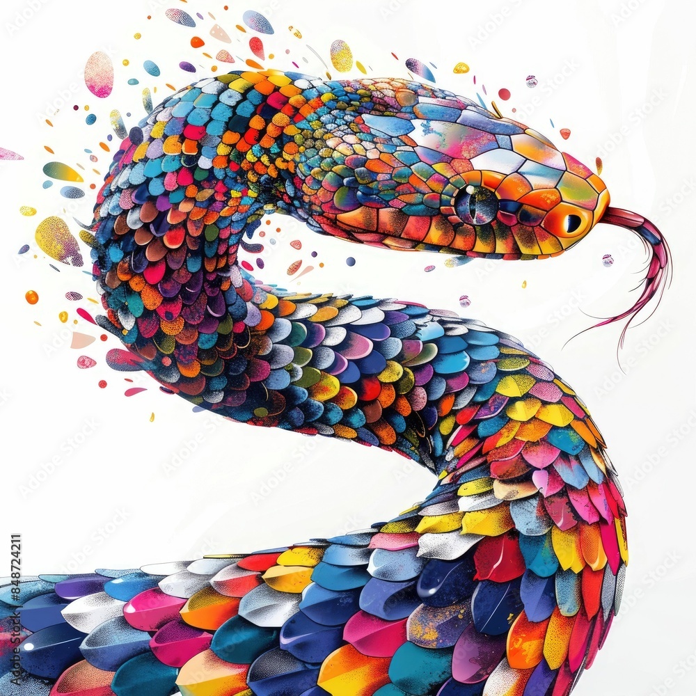 Poster striking and surreal image of a monochrome snake exploding into a vibrant array of colorful iridesce