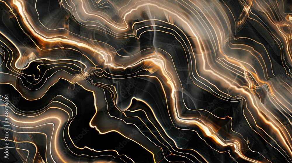 Poster abstract digital art showcasing flowing lines in black and gold, creating a dynamic pattern that evo