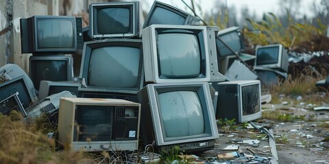 Abandoned pile of old computer monitors highlights environmental impact of electronic waste. Concept Electronic Waste, Environmental Impact, Old Computer Monitors, Abandonment, Recycling Practices