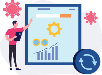 The boy is pointing at the graph setting reloading.