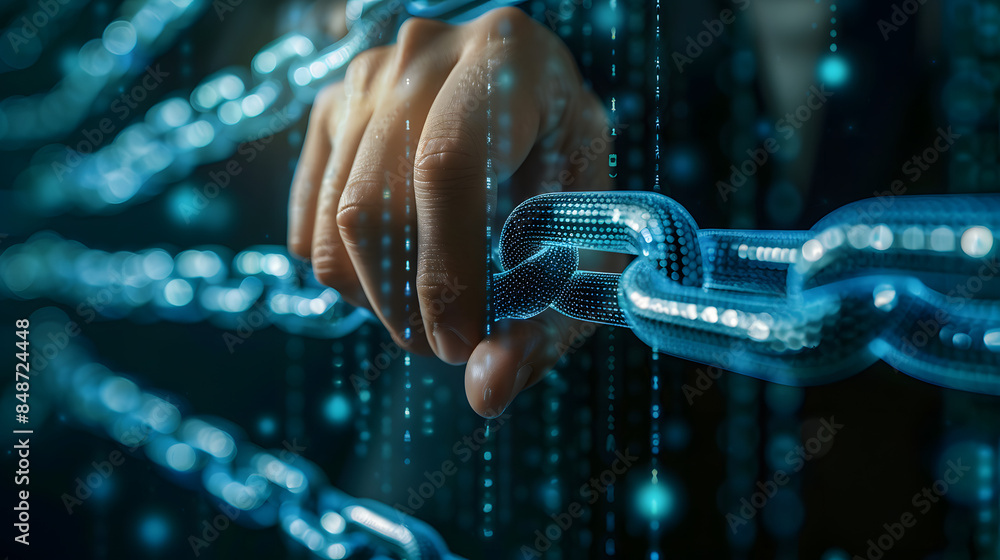 Poster blockchain technology concept, businessman touching on virtual blockchain, futuristic global network