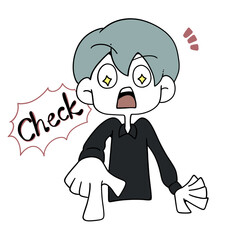 目をキラキラさせて下を指さしている男性(文字とマーク付き)