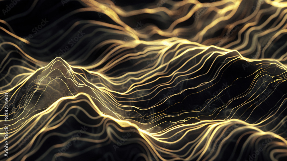 Poster digital visualization of flowing lines in black and gold, creating a dynamic pattern that suggests m