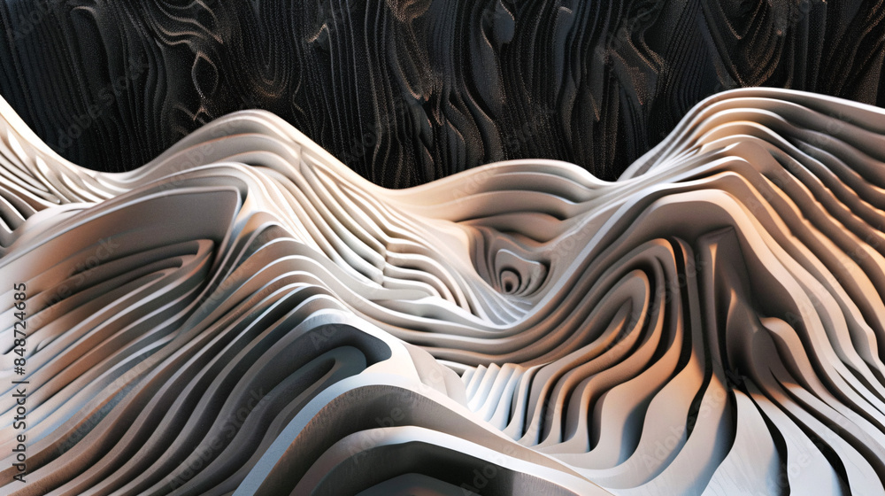 Poster Digital artwork featuring abstract flowing wave-like patterns with three-dimensional light and dark bands, creating depth and movement