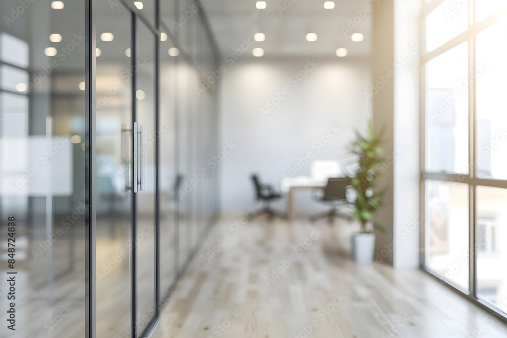 Poster blurred background of office corridors and open spaces. modern business background concept.