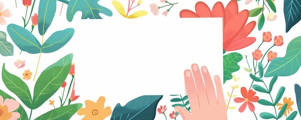 Hand presenting a blank canvas for text, Whimsical, Bright Colors, Illustration, Engaging and fun