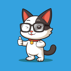 Cute cat with glasses showing thumbs up sign cartoon vector illustration