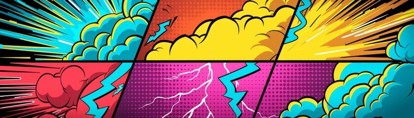 Obraz premium Retro comic panels with dramatic thunder effects, Whimsical, Vivid, Digital Art, Dynamic energy