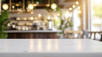 Dining area backdrop, product shot, white wooden table top in foreground with blurred kitchen items in background, horizontal