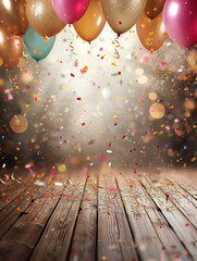 Festive golden yellow and red balloons hanging from above with colorful confetti falling all around over a wood plank floor, vertical with room for copy space custom text
