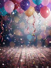Festive colorful balloons with ribbons and confetti, vertical background with room for copy space for a banner or sign