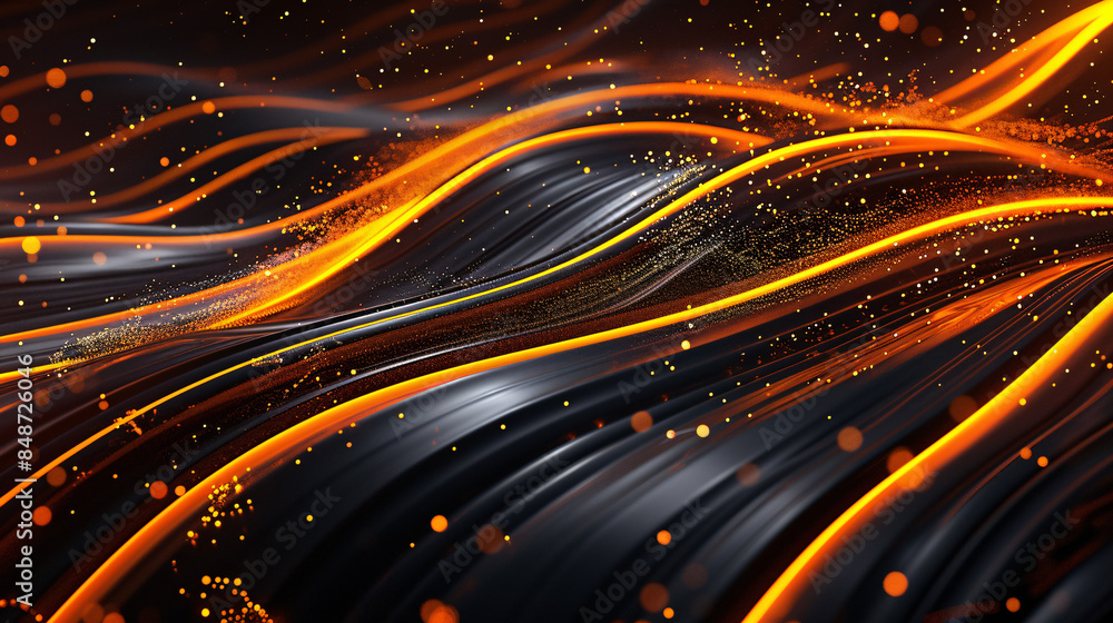 Poster abstract design with flowing lines and waves in black and orange, featuring sparkling particles that