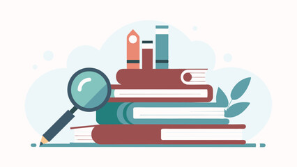 A stack of books with a magnifying glass and a pencil symbolizes knowledge, exploration, and learning. A collection of books with a magnifying glass and pencil.