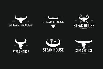 Bull or cow head icon for steak house, BBQ, grill, meat restaurant logo design set collection template vector illustration idea